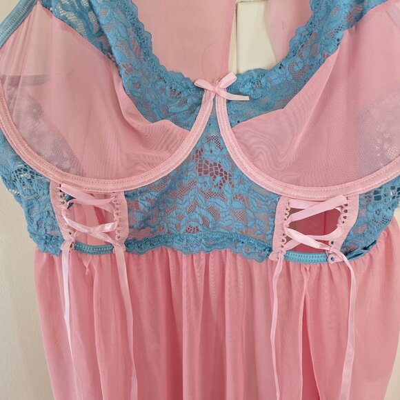 Women's Plus 4x Pink and Blue Babydoll Lingerie Slip - Picture 4 of 6